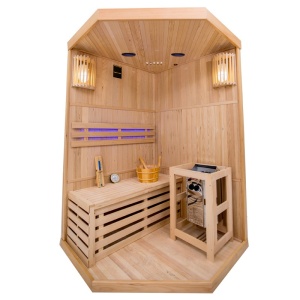 Saună finlandeză OSLO2 120×120 cm cu sobă HARVIA 3.5 kW – 1-2 persoane, saună uscată tradițională, Hemlock | Deppo - Img 6