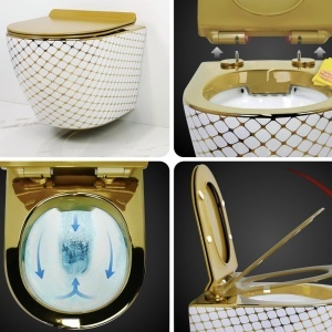 Vas WC suspendat Slim, Rimless, ceramică albă cu model auriu, capac Soft Close auriu, 36.5 x 49 cm - Img 2