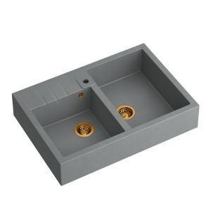 BILL 120 + chiuvetă cu 2 vase din nano PVD + sifon economisește spațiu culoare PVD / piatră argintie / elemente de cupru - Img 2