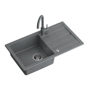 Chiuvetă din granit GO-MAX GREY 1-kit (77x44x17,5) + mixer de culoare + sifon manual cu dop - Img 1