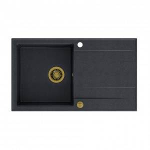 EVAN 111 + chiuvetă încastrată cu 1 vas din nano PVD cu scurgere + sifon economisește spațiu culoare PVD / diamant negru / elemente aurii