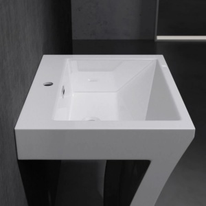 Lavoar stativ EGO 07, Alb, lucios, 60x48x83 cm, montaj podea, compozit marmura, gaura baterie, preaplin, design exclusivist - Img 7