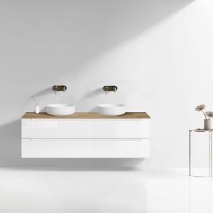 Mobilier lavoar suspendat alb cu blat din stejar LINDA 60,100,120 cm