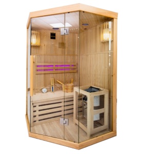 Saună finlandeză OSLO2 120×120 cm cu sobă HARVIA 3.5 kW – 1-2 persoane, saună uscată tradițională, Hemlock | Deppo - Img 3