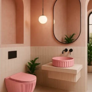 Set: Vas de toaletă suspendat + Lavoar pe blat Rea Light Pink Matt - Img 5