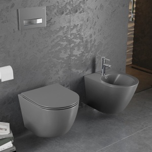 Vas WC suspendat rimless cu capac slim Gri închis mat - Img 6