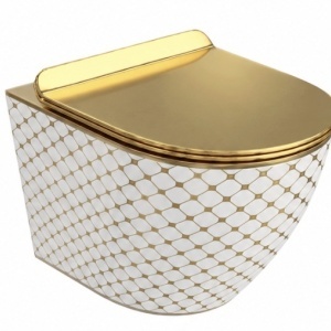 Vas WC suspendat Slim, Rimless, ceramică albă cu model auriu, capac Soft Close auriu, 36.5 x 49 cm