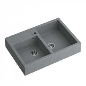 BILL 120 Chiuvetă cu 2 vase + sifon / piatră argintie / elemente din oțel - Img 2