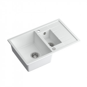 MORGAN 156 Chiuvetă încastrată cu 1,5 vase cu scurgere + sifon / alb ca zăpadă / elemente din oțel - Img 2