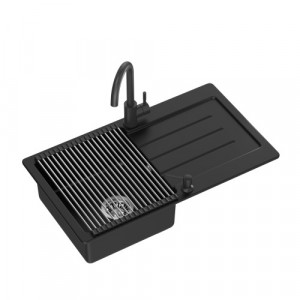 nu e JOHNNY 111 Steingran zlewozmywak granitowy VERY BLACK czarny mat 1-komorowy z/o (77x44x18,5), z syfonem + bateria very black mat + dozownik + rollmata