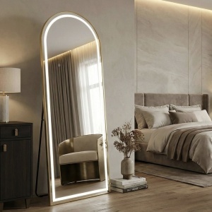 Oglindă LED Orbit 60x170 Brush Gold – oglindă mare cu iluminare LED și ramă aurie pentru baie | disponibilă pe Deppo