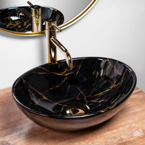 Set lavoar Sofia marble black + baterie inalta Lungo gold + dop universal gold - Img 2