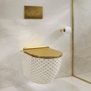 Vas WC suspendat Slim, Rimless, ceramică albă cu model auriu, capac Soft Close auriu, 36.5 x 49 cm - Img 6