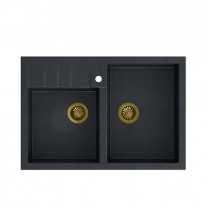 BILL 120 + chiuvetă cu 2 vase din nano PVD + sifon / diamant negru / elemente aurii - Img 1