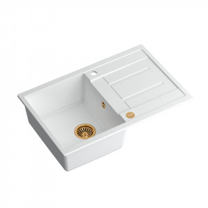 Chiuvetă încastrată Morgan 111 cu 1 vas din nano PVD cu scurgere + sifon / alb ca zăpadă / elemente de cupru - Img 2