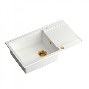 EVAN 136 XL + chiuvetă încastrată cu 1 vas din nano PVD cu scurgere + sifon / alb ca zăpadă / elemente de cupru - Img 2