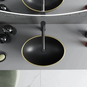 Lavoar pentru blat Elza 40 x 33 cm, Negru mat/auriu model tip carouri - Img 3