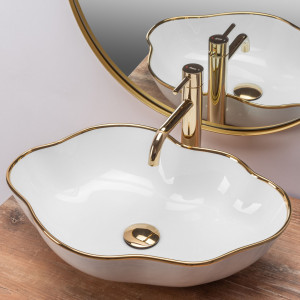 Lavoar pentru blat Rea Pearl Gold Edge Alb Auriu - Img 5