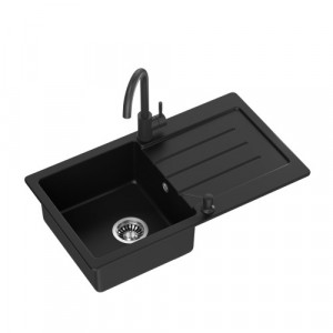 nu e JOHNNY 111 Steingran zlewozmywak granitowy VERY BLACK czarny mat 1-komorowy z/o (77x44x18,5), z syfonem + bateria very black mat + dozownik + rollmata - Img 2