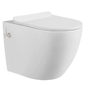 Vas wc cu functie de bideu, Rimless, Taharet, baterie apa calda/rece, Alb, montaj suspendat, capac Soft-Close, 55x36 cm, Angi
