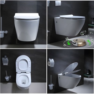 Vas wc cu functie de bideu, Rimless, Taharet, baterie apa calda/rece, Alb, montaj suspendat, capac Soft-Close, 55x36 cm, Angi - Img 11