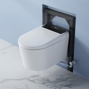 Vas wc smart, functie de bideu, capac incalzit, dezinfectare UV, cadru inclus, afisaj Led, Functii avansate, 59x38, Alb, Ralph - Img 12