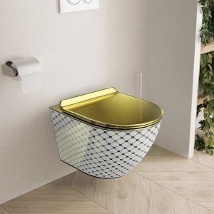 Vas WC suspendat Slim, Rimless, ceramică albă cu model auriu, capac Soft Close auriu, 36.5 x 49 cm - Img 3