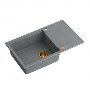 EVAN 136 XL + chiuvetă încastrată cu 1 vas din nano PVD cu scurgere + sifon / piatră argintie / elemente de cupru - Img 2