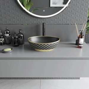 Lavoar pentru blat Elza 40 x 33 cm, Negru mat/auriu model tip carouri - Img 4