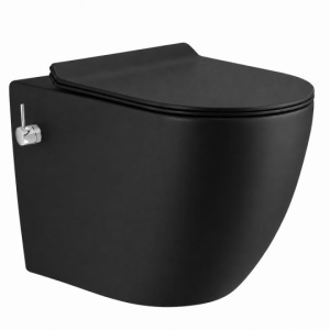 Vas wc cu functie bideu, Taharet, baterie apa calda/rece, Negru Mat, montaj suspendat, capac Soft-Close, 56 x 36 cm, Angi