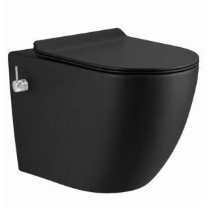 Vas wc cu functie bideu, Taharet, baterie apa calda/rece, Negru Mat, montaj suspendat, capac Soft-Close, 56 x 36 cm, Angi