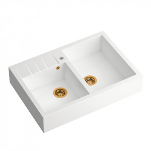BILL 120 + chiuvetă cu 2 vase din nano PVD + sifon / alb ca zăpadă / elemente de cupru - Img 2