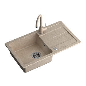 Chiuveta granit GO-MAX BEIGE 1 kit (77x44x17,5) + mixer color + sifon manual cu dop - Img 1
