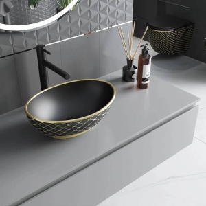 Lavoar pentru blat Elza 40 x 33 cm, Negru mat/auriu model tip carouri - Img 5