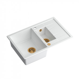 MORGAN 156 + chiuvetă încastrată cu 1,5 vase nano PVD cu scurgere + sifon economisește spațiu culoare PVD / alb ca zăpadă / elemente de cupru - Img 2