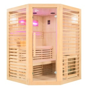 Saună finlandeză pentru 3 persoane cu sobă HARVIA 6 kW – saună tradițională temperatură înaltă, cromoterapie LED, lemn natural | Deppo - Img 2