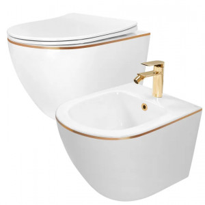 Set vas WC CARLO Mini Flat + bidet CARLO Mini White Gold Edge - Img 1