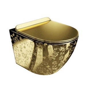 Set WC suspendat Rimless, 36,5 × 49 cm, auriu lucios cu model floral, capac Soft Close