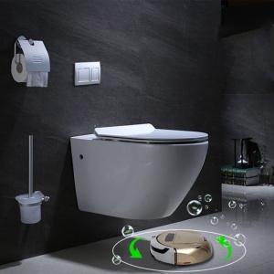 Vas wc cu functie de bideu, Rimless, Taharet, baterie apa calda/rece, Alb, montaj suspendat, capac Soft-Close, 55x36 cm, Angi - Img 5