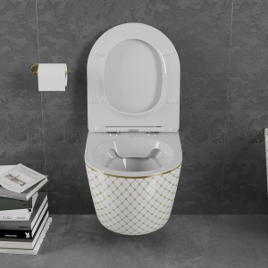 Vas WC suspendat rimless cu capac slim White/Gold classic - Img 3
