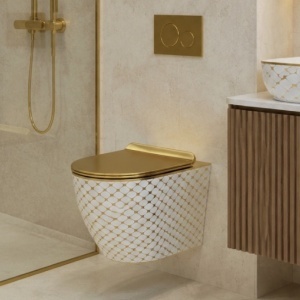 Vas WC suspendat Slim, Rimless, ceramică albă cu model auriu, capac Soft Close auriu, 36.5 x 49 cm - Img 7