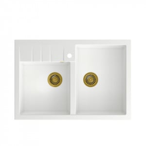 BILL 120 chiuvetă cu 2 vase din nano PVD + sifon / alb ca zăpadă / elemente aurii - Img 1