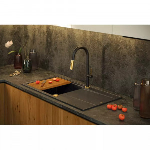 Chiuveta compozit incastrata Quadron Unique Evan 146 XL negru diamant - cupru 100x50 cm - Img 3