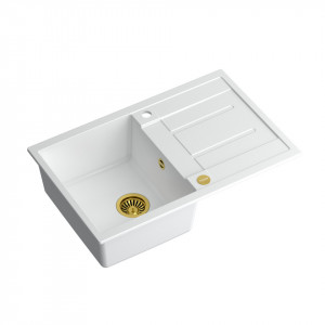 Chiuvetă încastrată Morgan 111 cu 1 vas din nano PVD cu scurgere + sifon / alb ca zăpadă / elemente aurii - Img 2