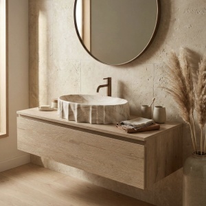 Lavoar pe blat Aurelia Reno – design sculptural organic și finisaj piatră | Deppo - Img 3