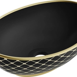 Lavoar pentru blat Elza 40 x 33 cm, Negru mat/auriu model tip carouri - Img 1