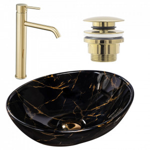 Set lavoar Sofia marble black + baterie inalta Lungo gold + dop universal gold - Img 1