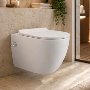 Vas wc cu functie de bideu, Rimless, Taharet, baterie apa calda/rece, Alb, montaj suspendat, capac Soft-Close, 55x36 cm, Angi - Img 2