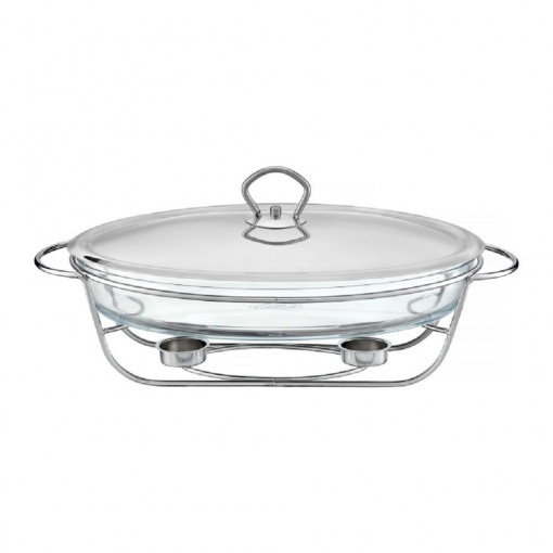 Vas termorezistent cu incalzitor 3L, suport si capac argintiu, chafing dish, Helios