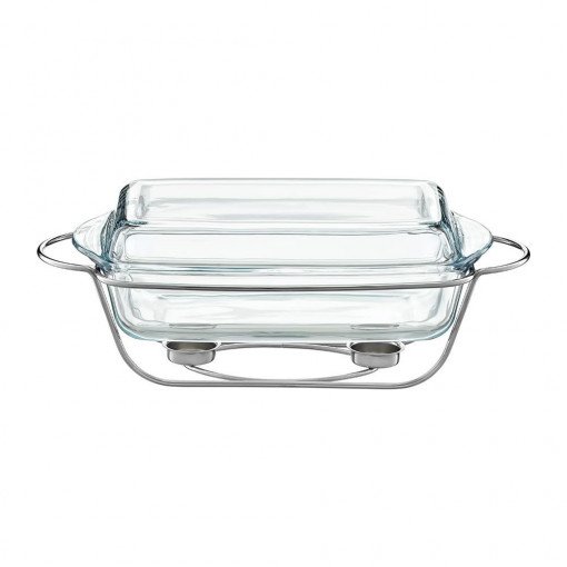 Vas termorezistent cu incalzitor 3.9L, suport argintiu, chafing dish, Saule
